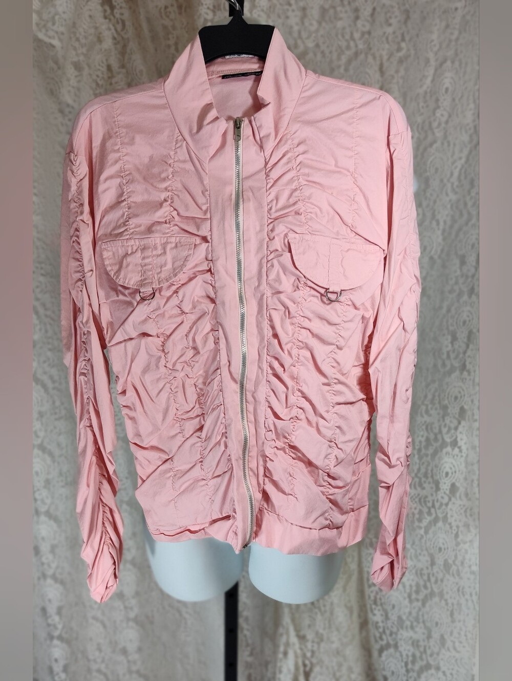 Caren Sport Light Pink Ruched Zip-Front Bomber Jacket